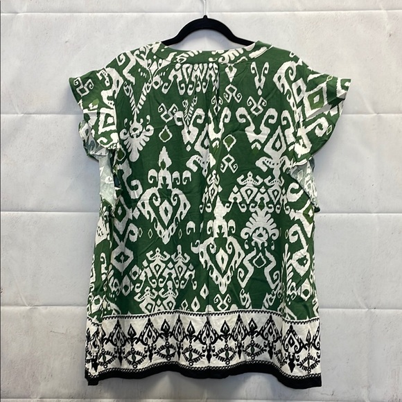 Haute Hippie, Green and White, Ruffle Cap Sleeve, Linen Blend, Boxy Blouse, (3X) - Picture 2 of 11